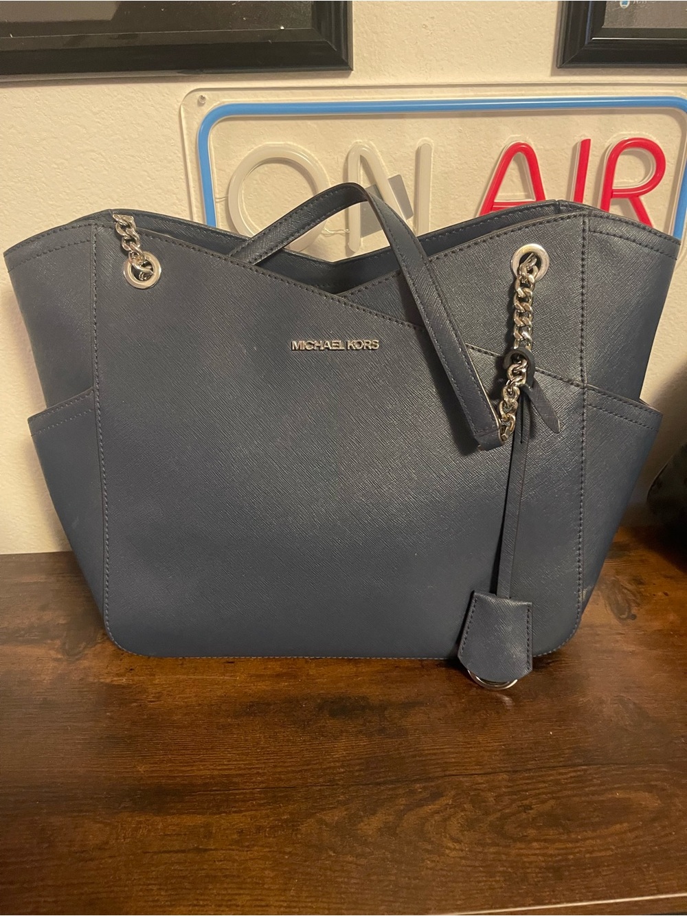 Michael Kors Navy Saffiano Tote with Chain-Accent Straps